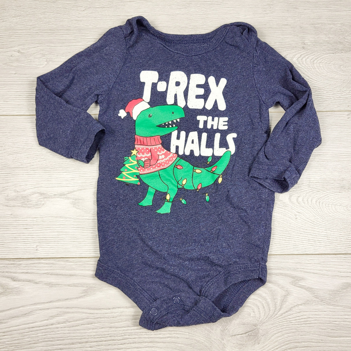 AMST3 - George blue "T-Rex the Halls" bodysuit. Size 12-18 months