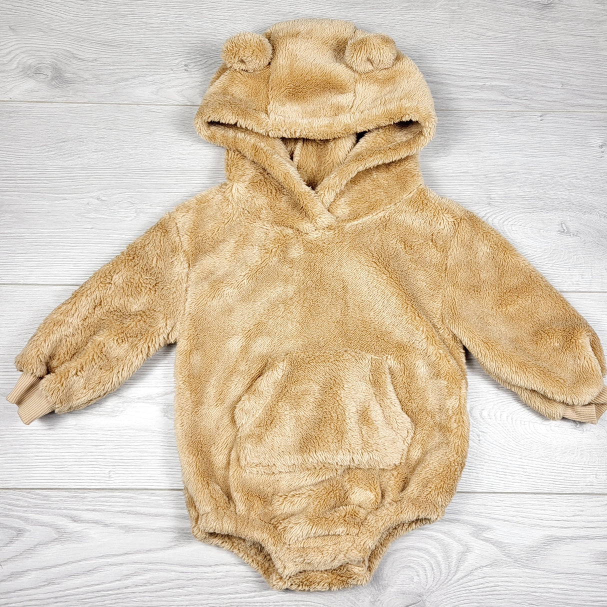 AMST3 - Old Navy tan Hooded Critter One-Piece Romper. Size 6-12 months