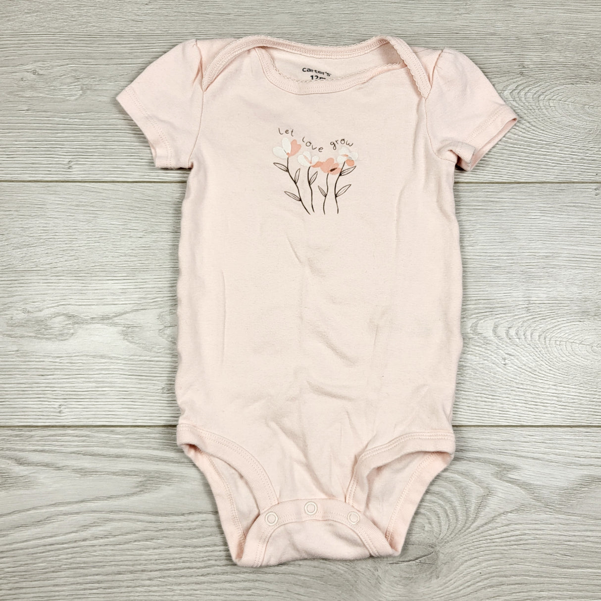 AMST3 - Carters pink "Let Love Grown" bodysuit with flowers. Size 12 months