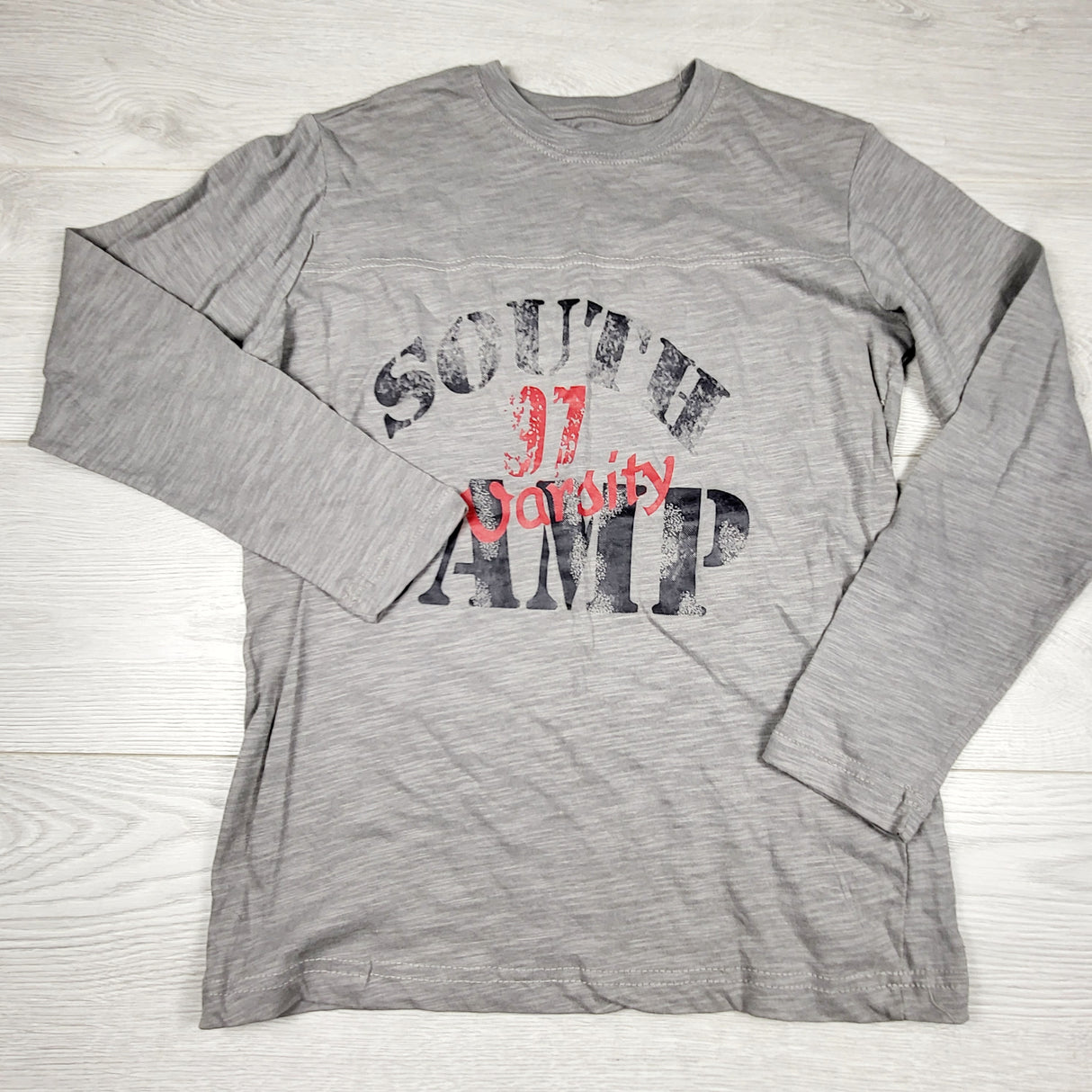 MAYE1 - NEW - Open Trail grey distressed "South Camp" long sleeved top. Size 12/14
