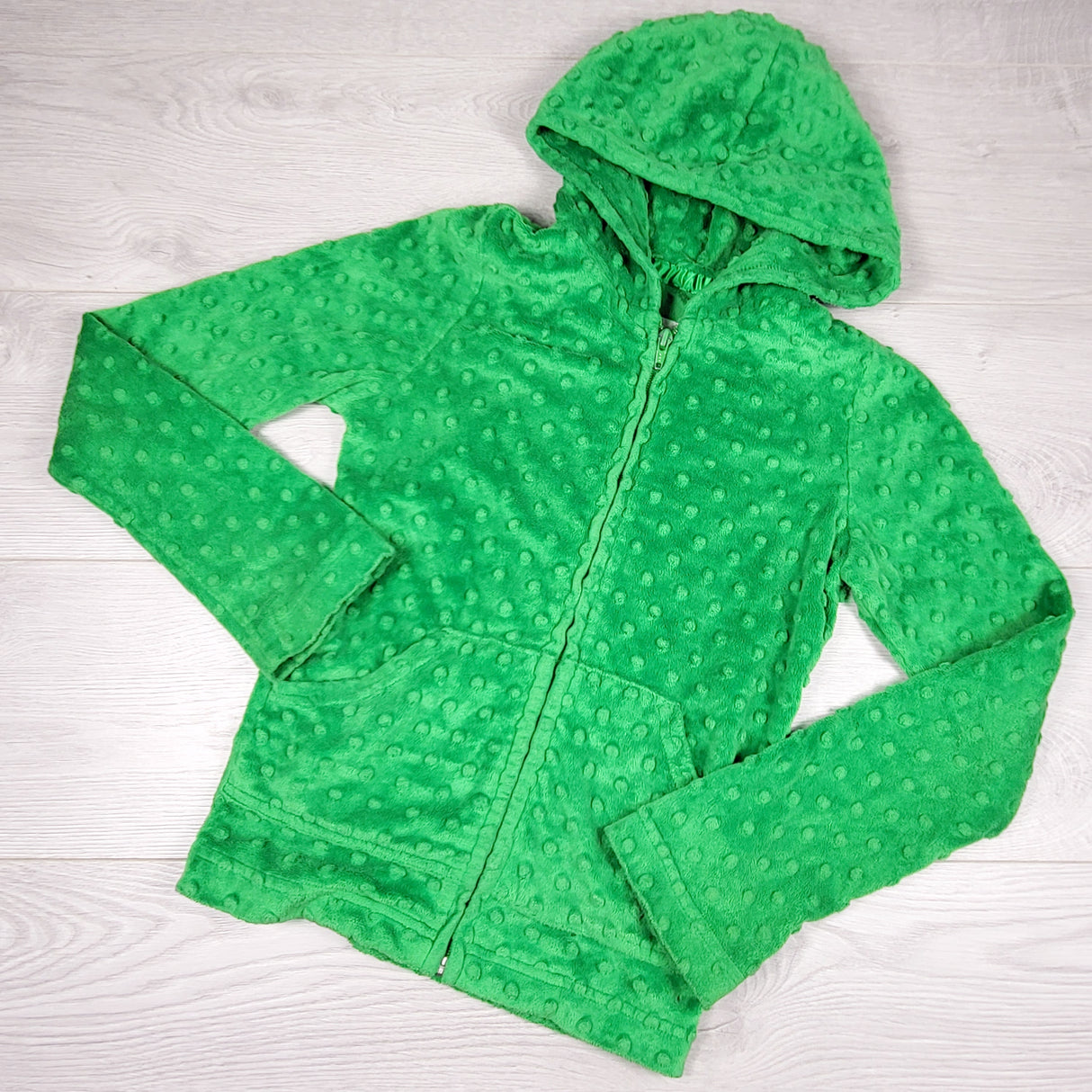 OAG1 - Triple Flip green minky hoodie. Sizes like a 6