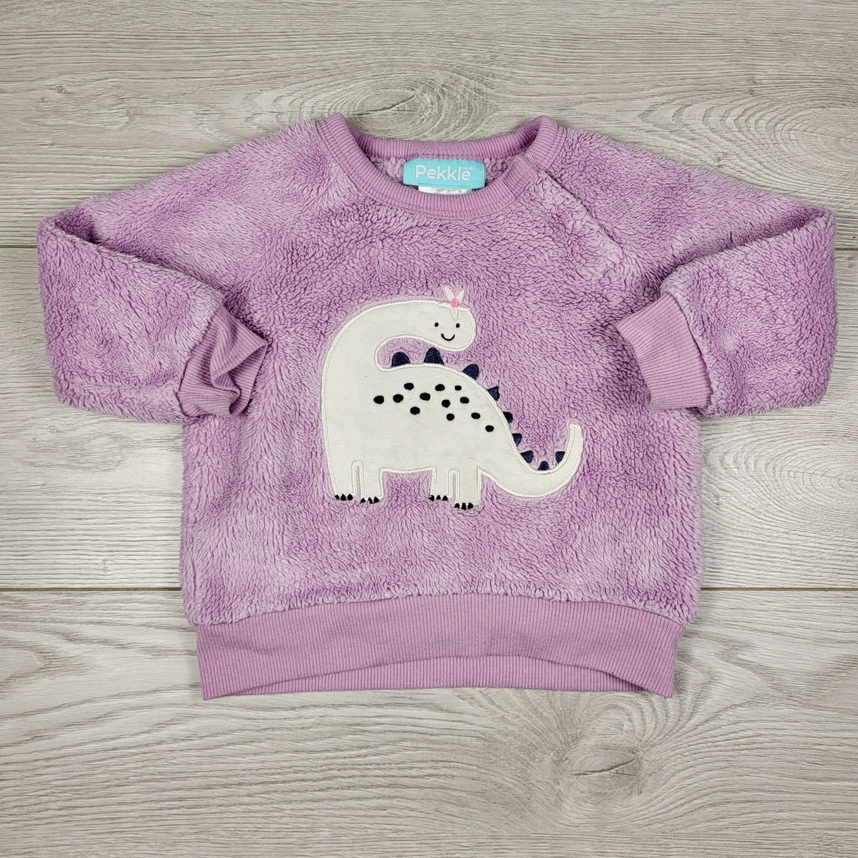 MWLL4 - Pekkle purple faux fur sweatshirt with dinosaur. Size 12 months