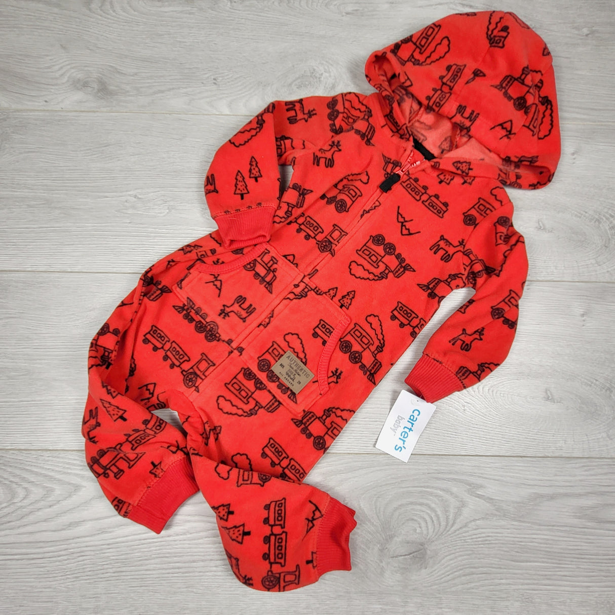 KAMG11 - NEW - Carters red hooded fleece romper with trains. Size 12 months