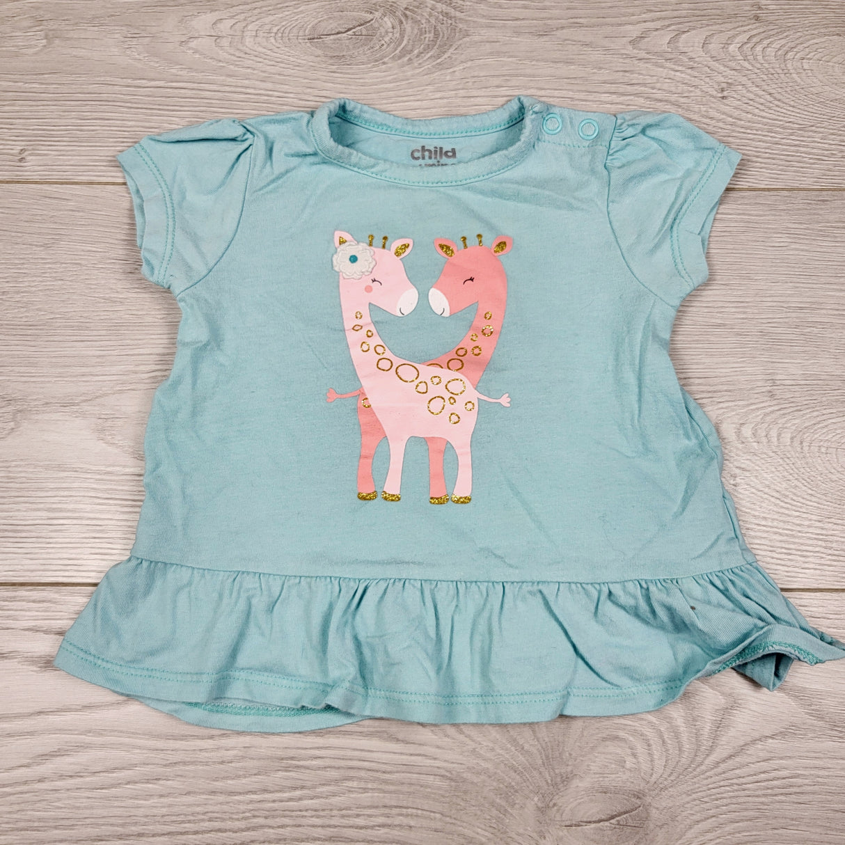 KAMG11 - Child of Mine blue t-shirt with giraffes. Size 12 months