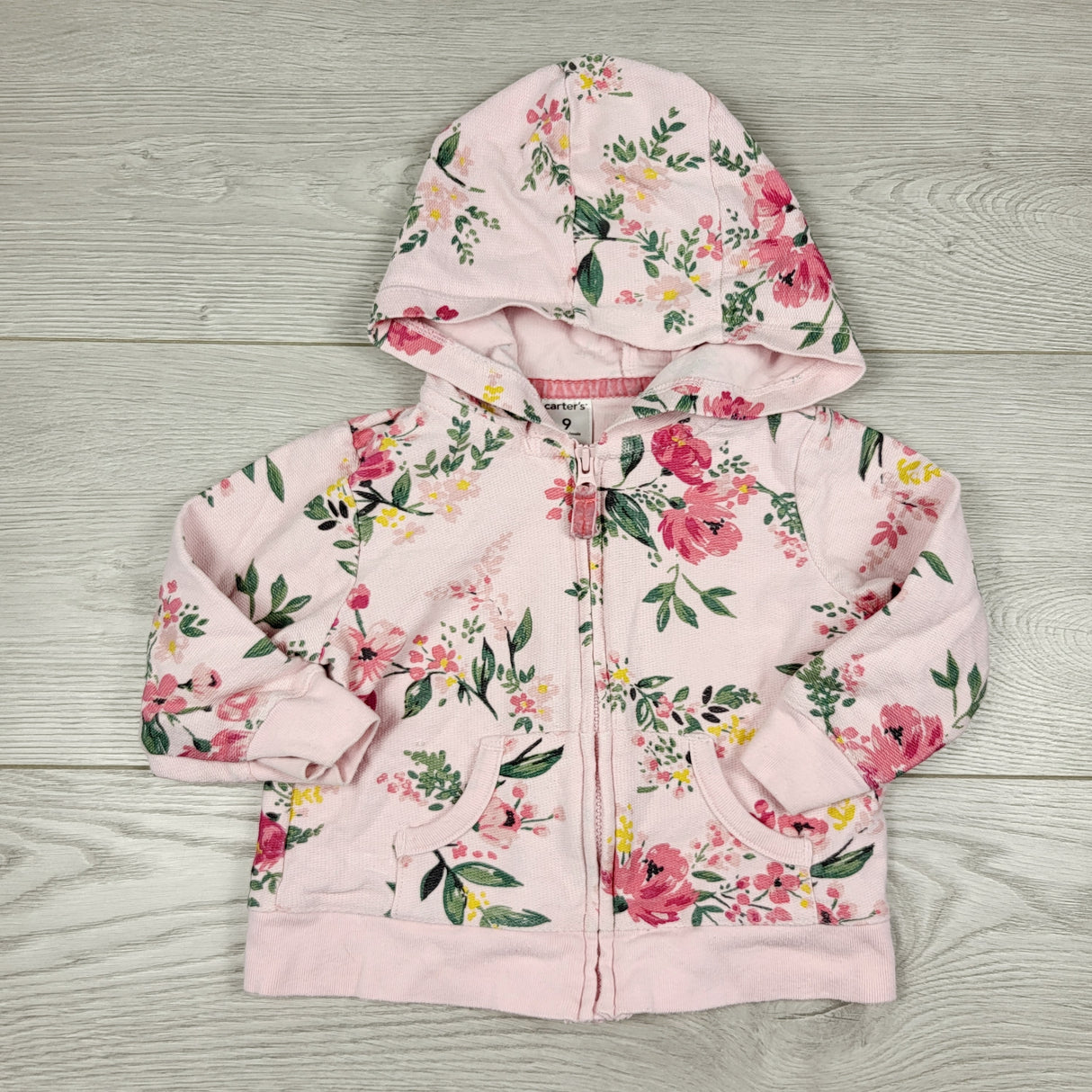 KAMG11 - Carters pink floral print zip up hoodie. Size 9 months