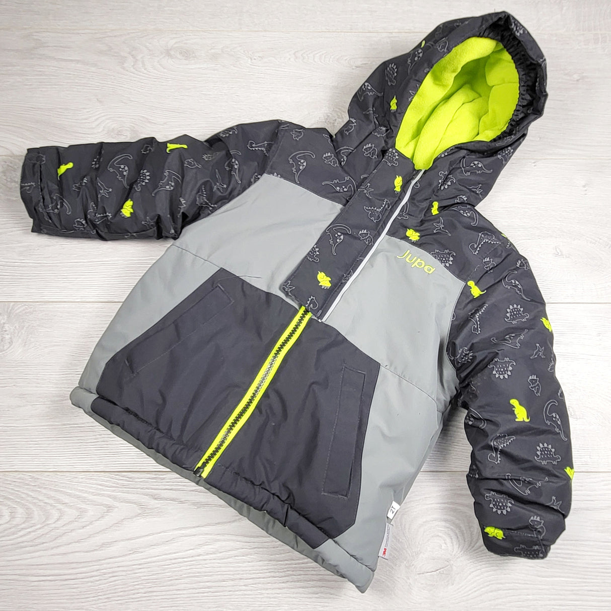 MRSH1 - Jupa black and grey fleece lined Winter coat with dinosaurs. Size 2T