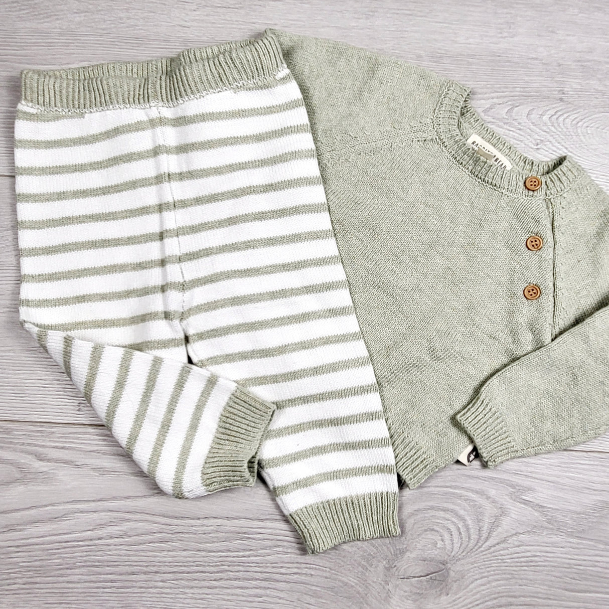 EHEM1 - Rabbit + Bear sage green and white 2pc sweater set. Size 6-9 months