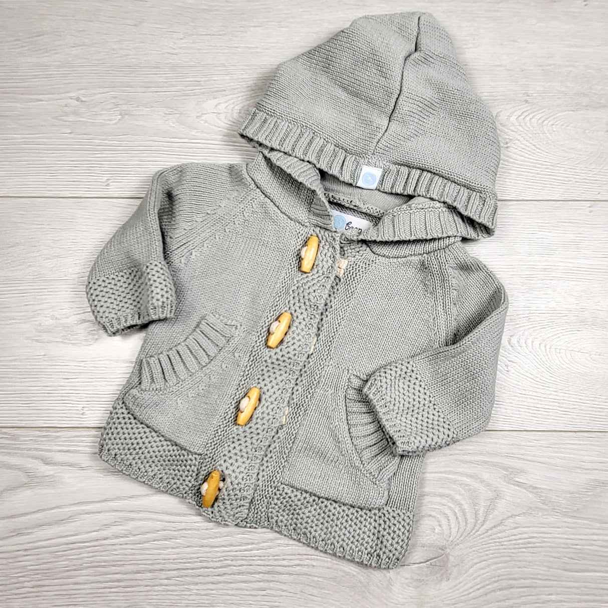 EHEM1 - Beba Bean grey hooded sweater. Size 0-3 months