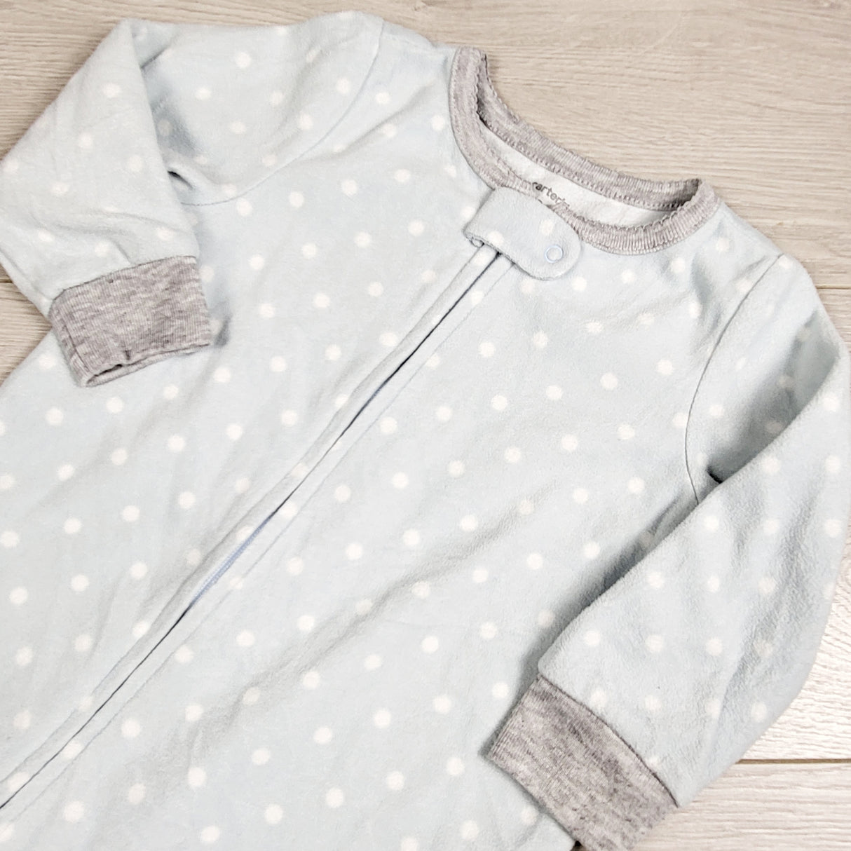 EHEM1 - Carters light blue polka dot zippered fleece sleeper. Size 12 months