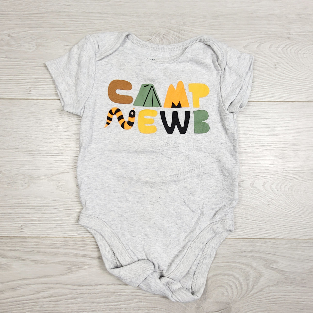 EHEM1 - Old Navy grey "Camp Newb" bodysuit. Size 6-12 months