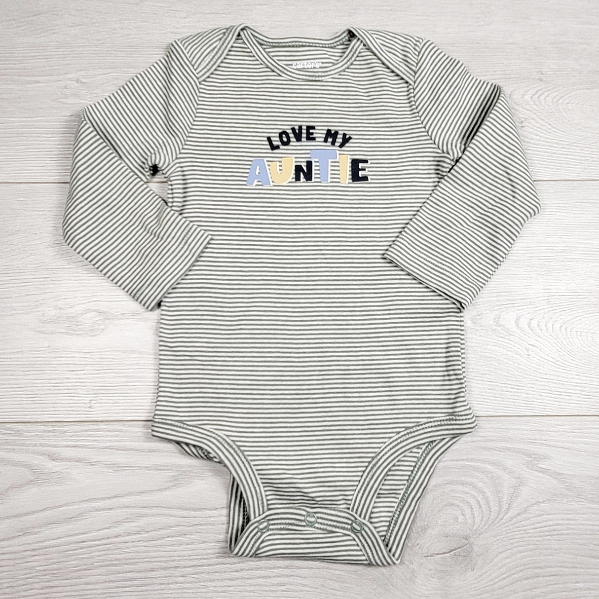 EHEM1 - Carters green striped "Love My Auntie" bodysuit. Size 12 months