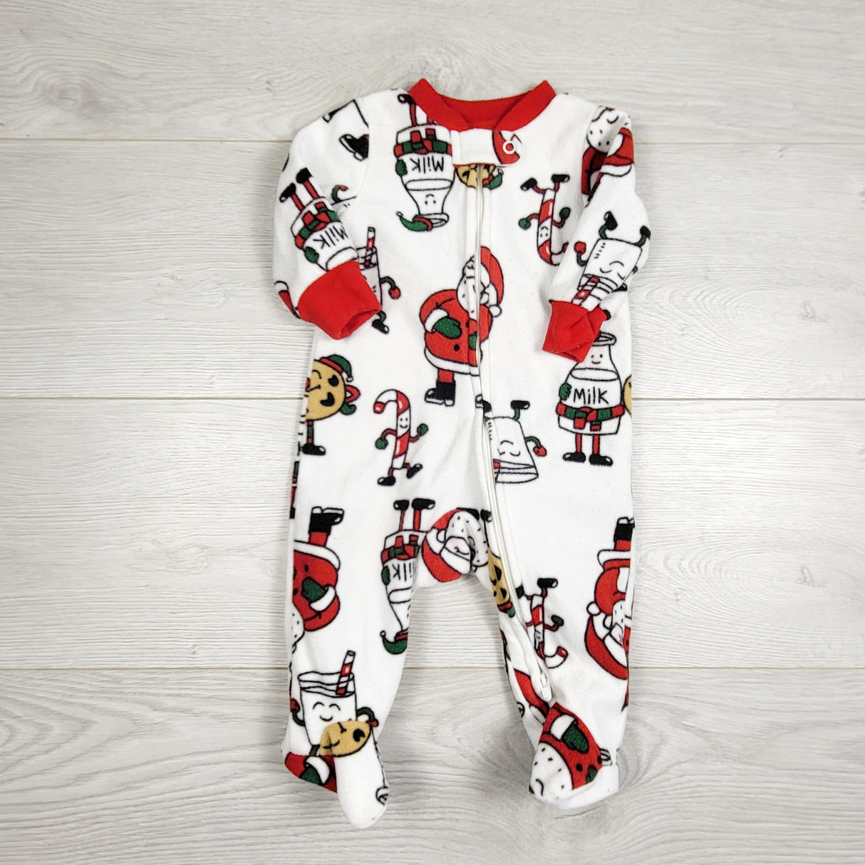 RXC1 - Carters white zippered fleece sleeper with Santa, milk and cookies. Size 3 months