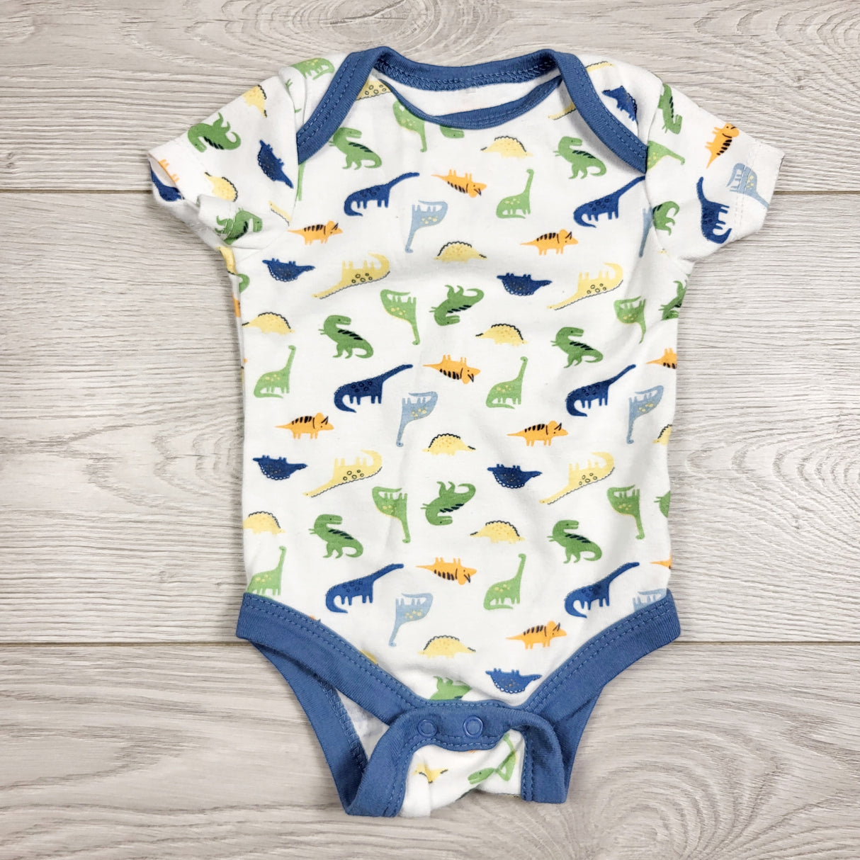 RXC1 - Baby Gear white and blue dinosaur bodysuit. Size 0-3 months