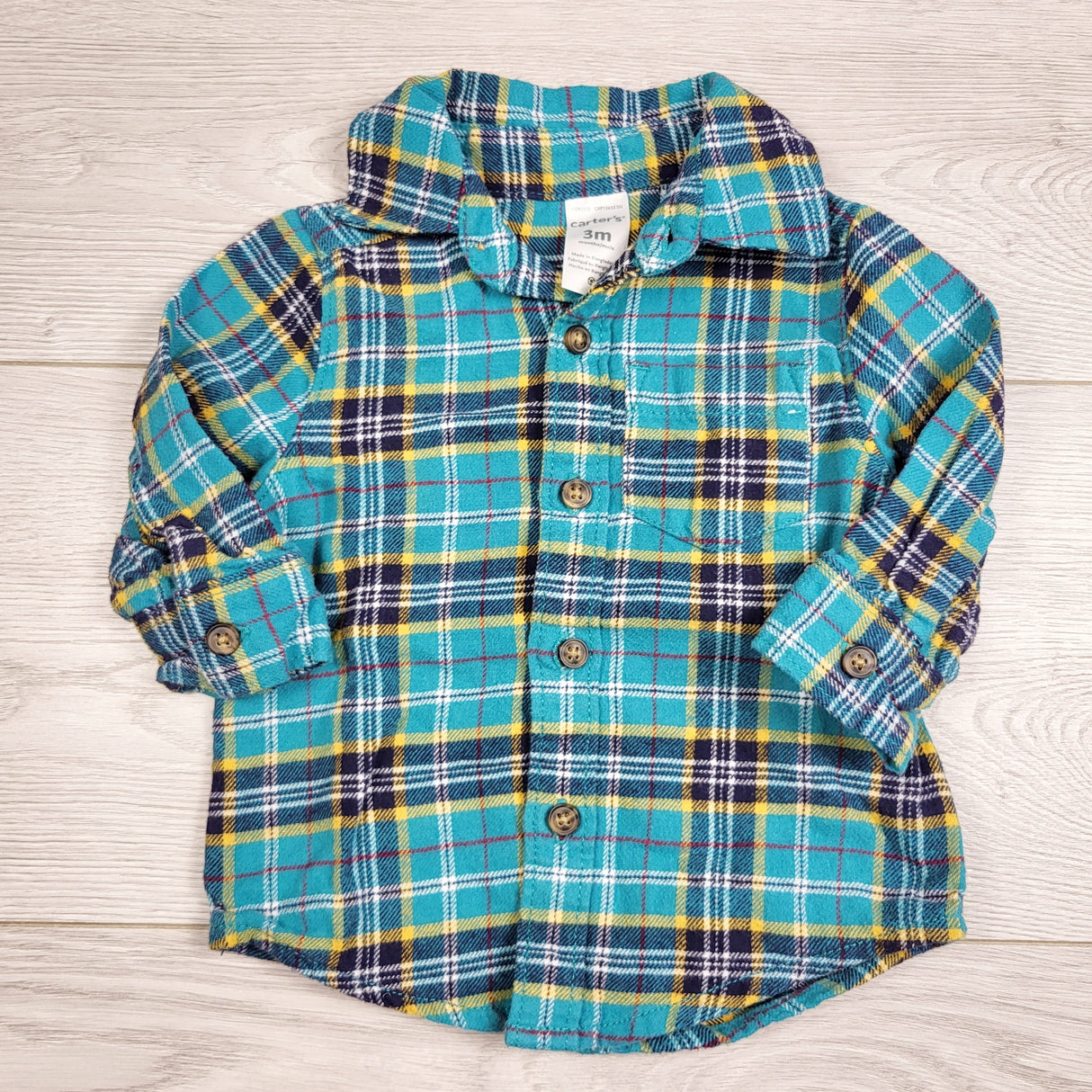 RXC1 - Carters teal plaid flannel button down shirt. Size 3 months