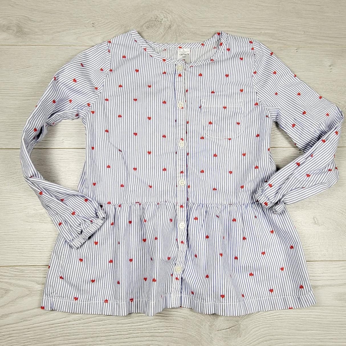 DAMO1 - Carters blue striped peplum blouse with hearts. Size 7