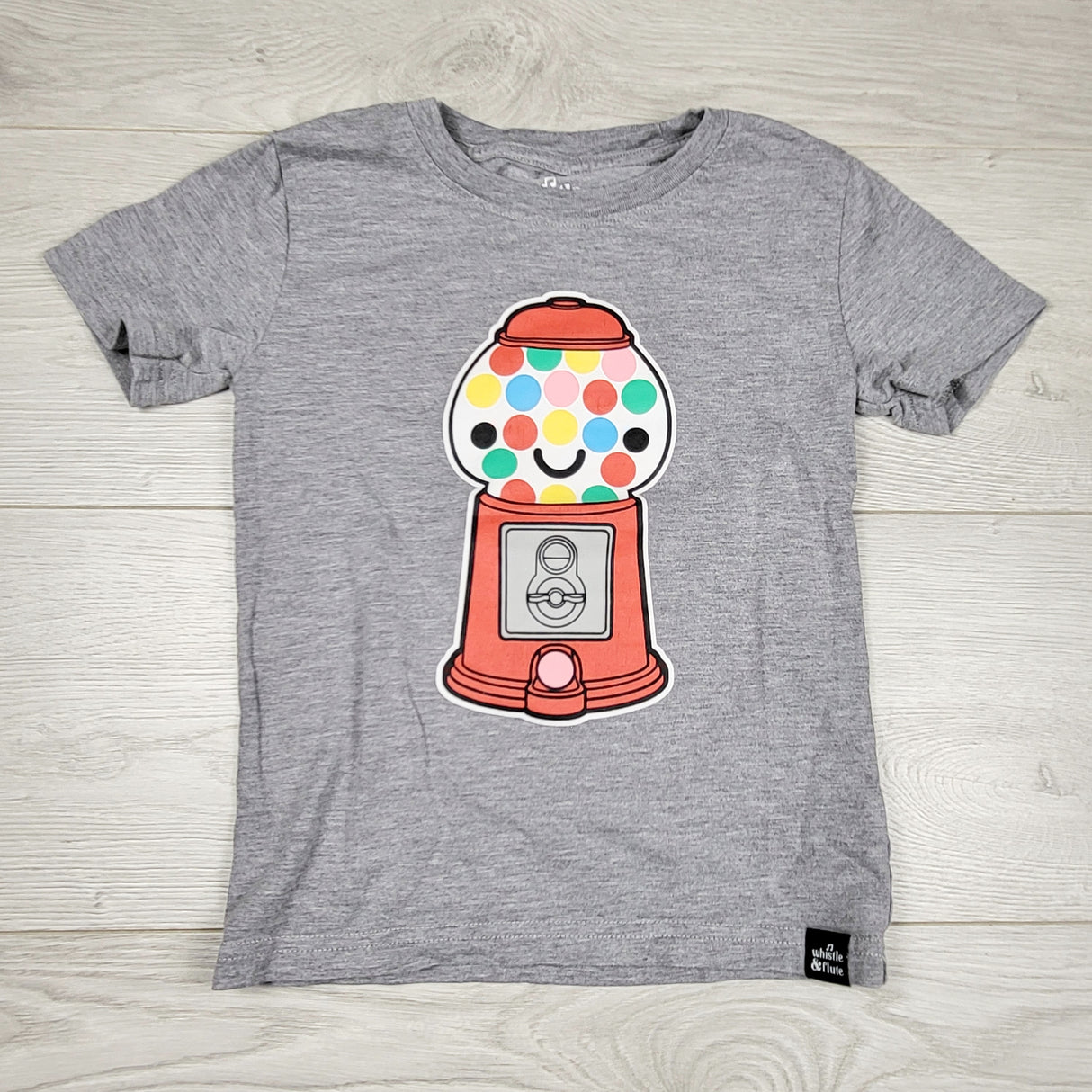 DAMO1 - Whistle and Flute grey t-shirt with gumball machine. Size 5/6