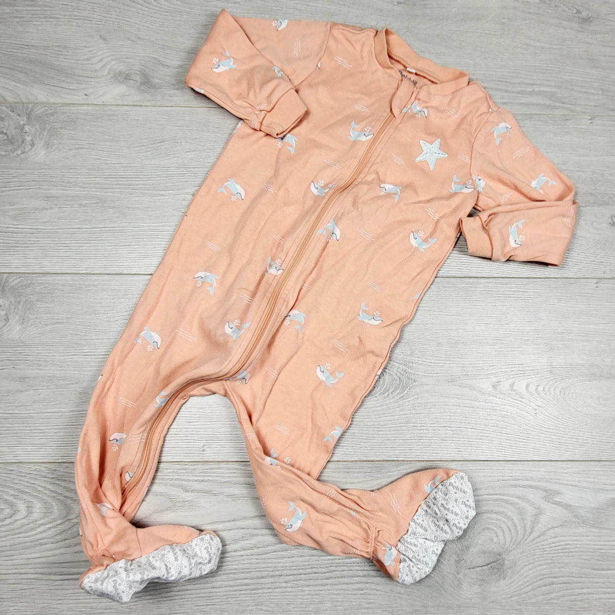 AMST4 - Pekkle coral zippered sleeper with whales. Size 18 months