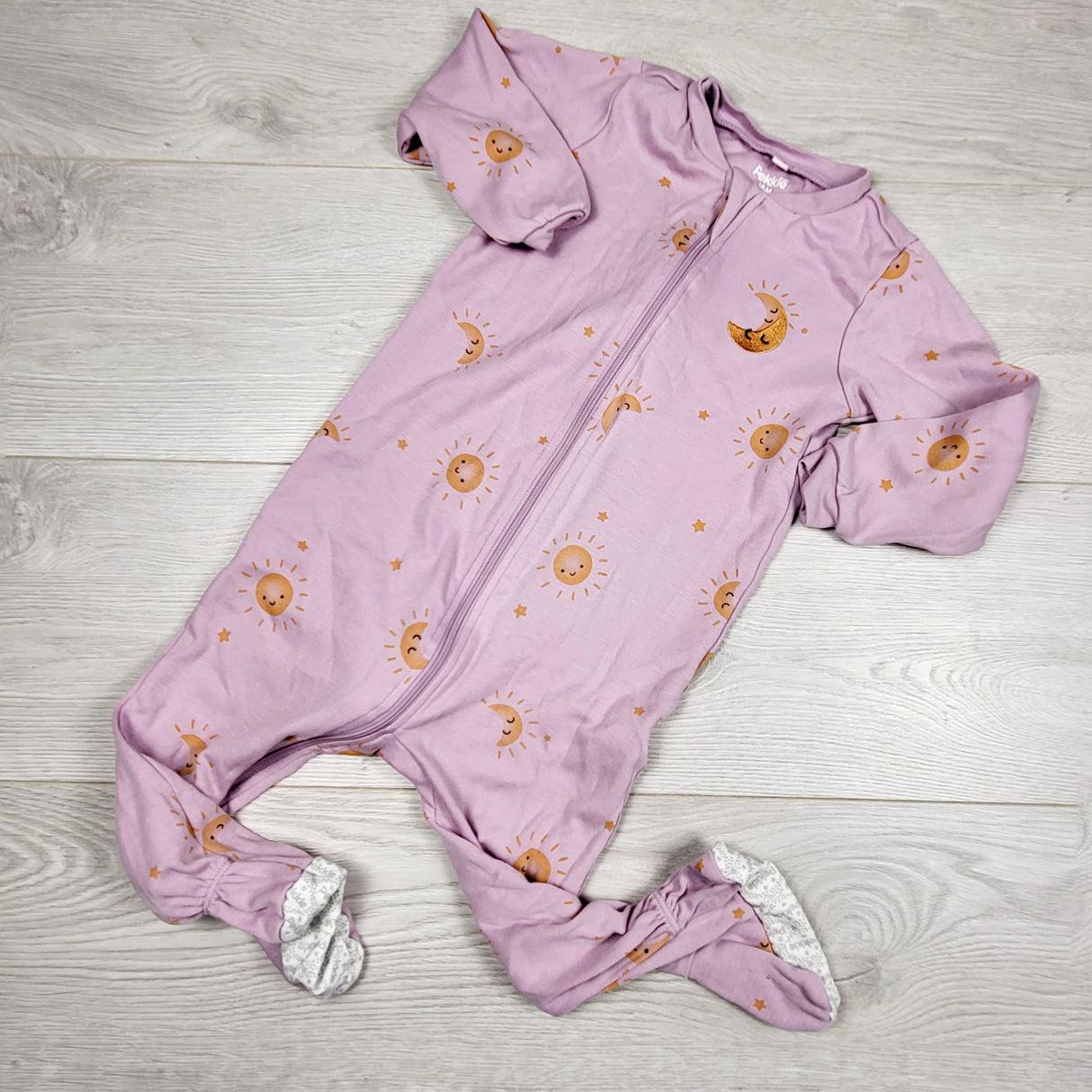 AMST4 - Pekkle purple zippered sleeper with suns and moons. Size 18 months