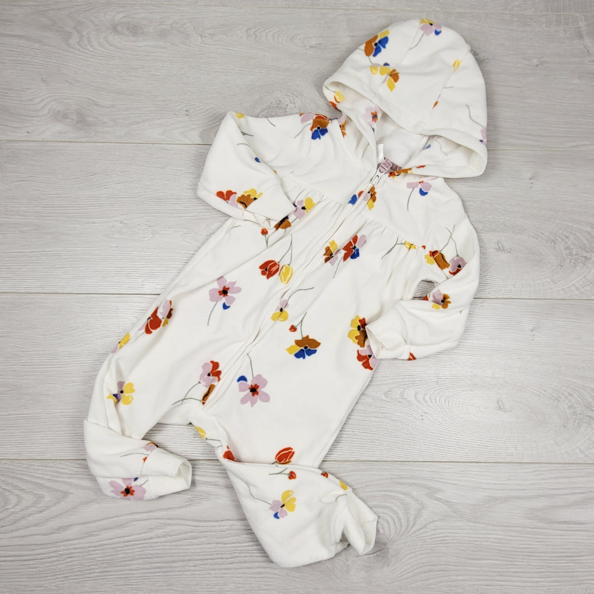 AMST4 - Carters white hooded fleece floral print romper. Size 12 months