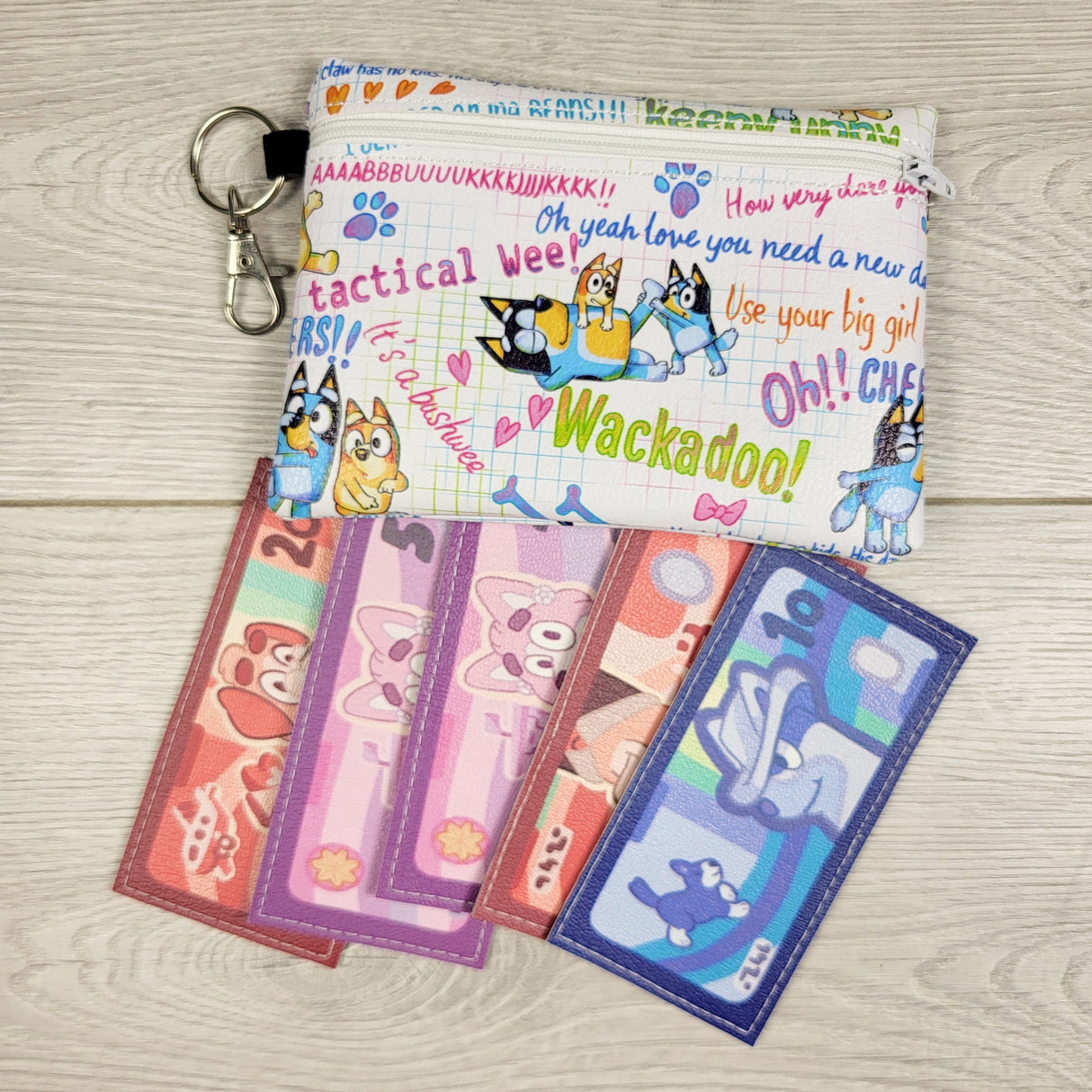 KTBL3 - Blue zippered wallet with Bluey currency.