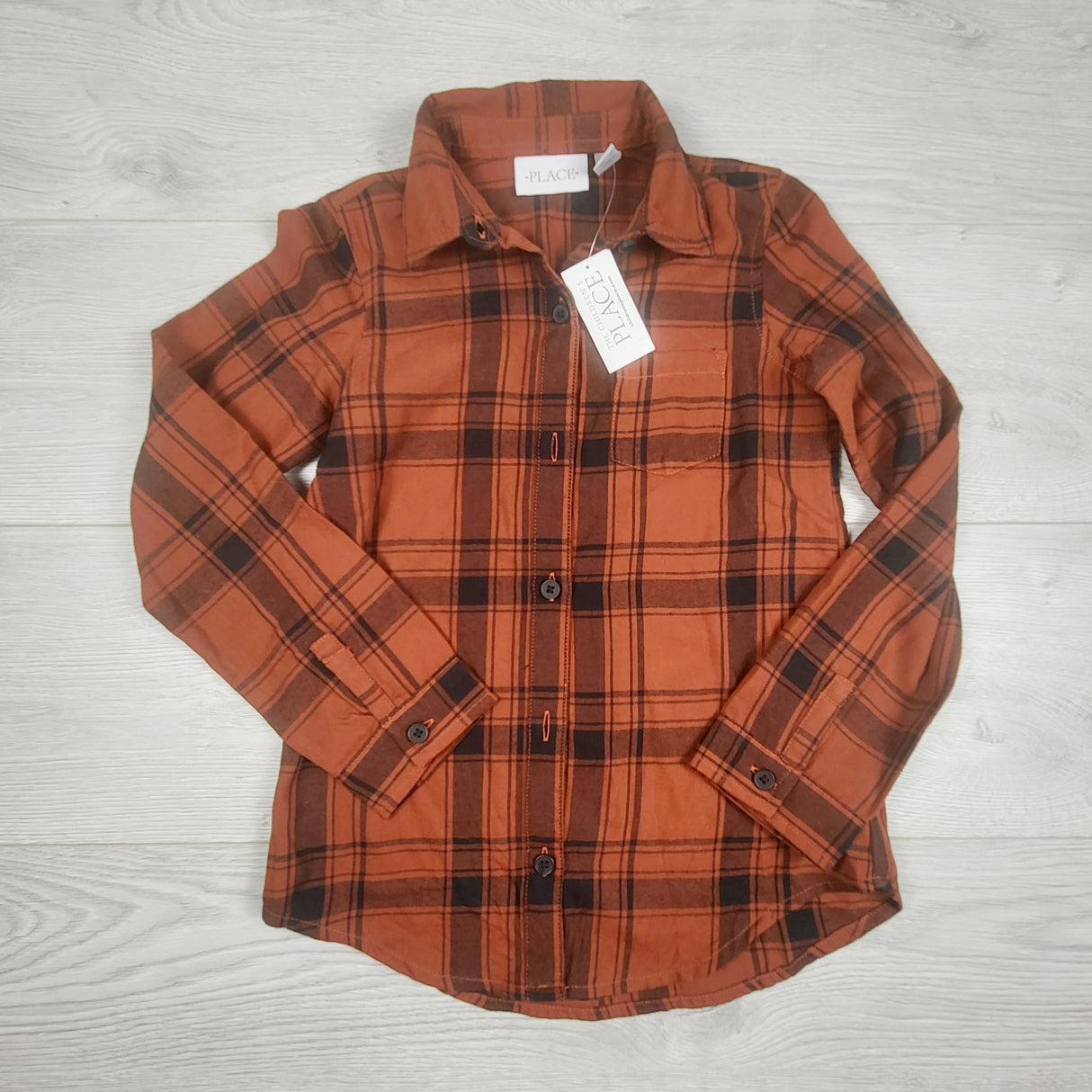 TCLW1 - NEW - Children's Place rust coloured button down plaid shirt. Size 5/6