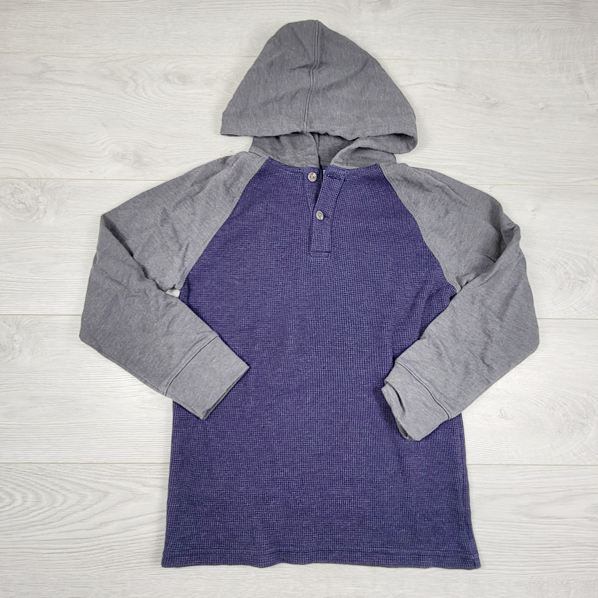 MRSH2 - Children's Place grey and blue hooded waffle knit shirt. Size 7/8