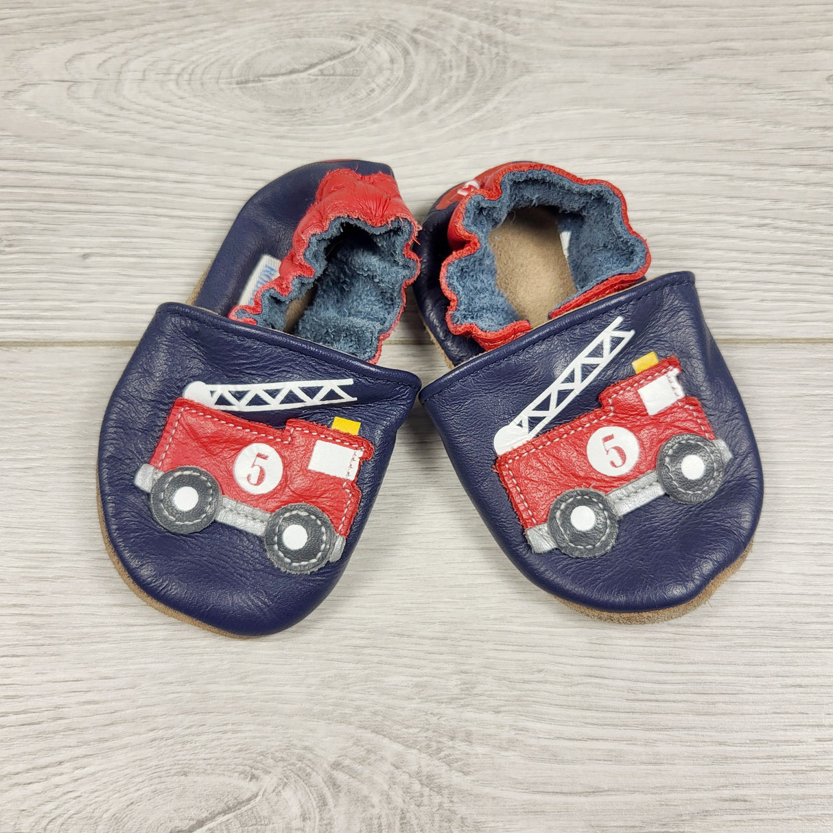 KAMG2 - Robeez soft soled leather fire truck shoes. Size 0-6 months