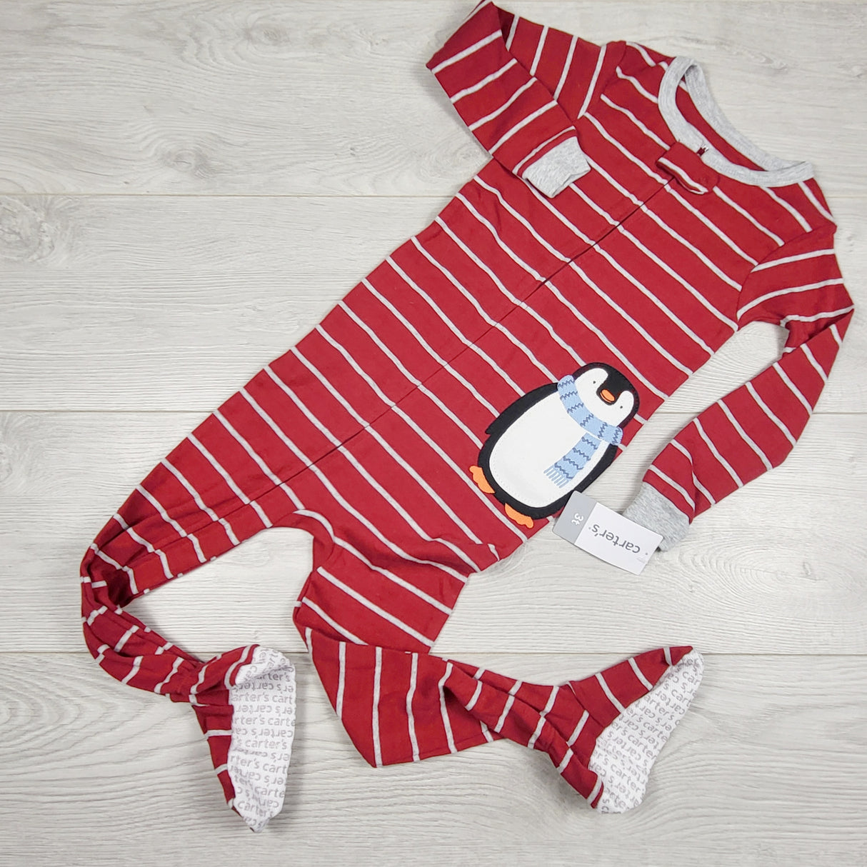 KAMG2 - NEW - Carters red striped zippered cotton penguin sleeper. Size 3T
