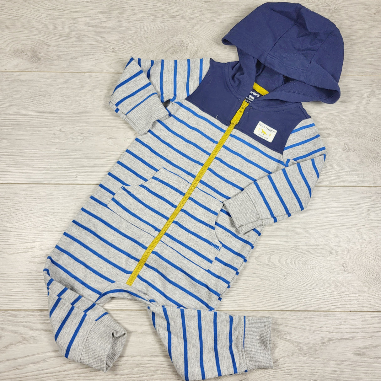 KAMG2 - Carters grey and blue striped hooded romper. Size 9 months