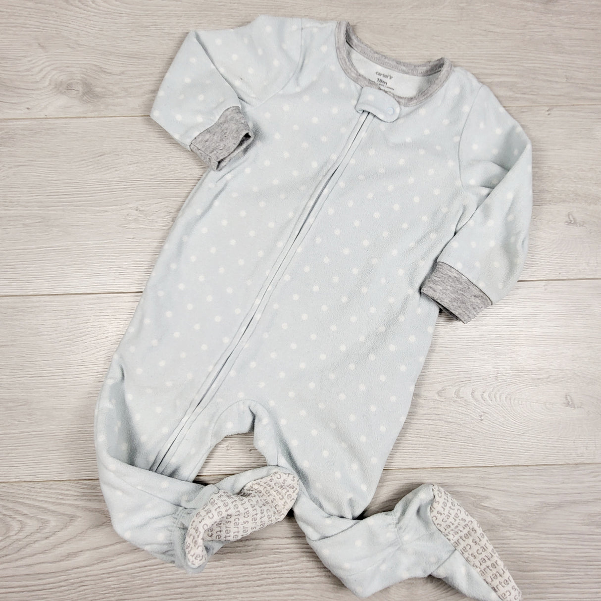 KAMG22 - Carters light blue polka dot zippered fleece sleeper. Size 18 months