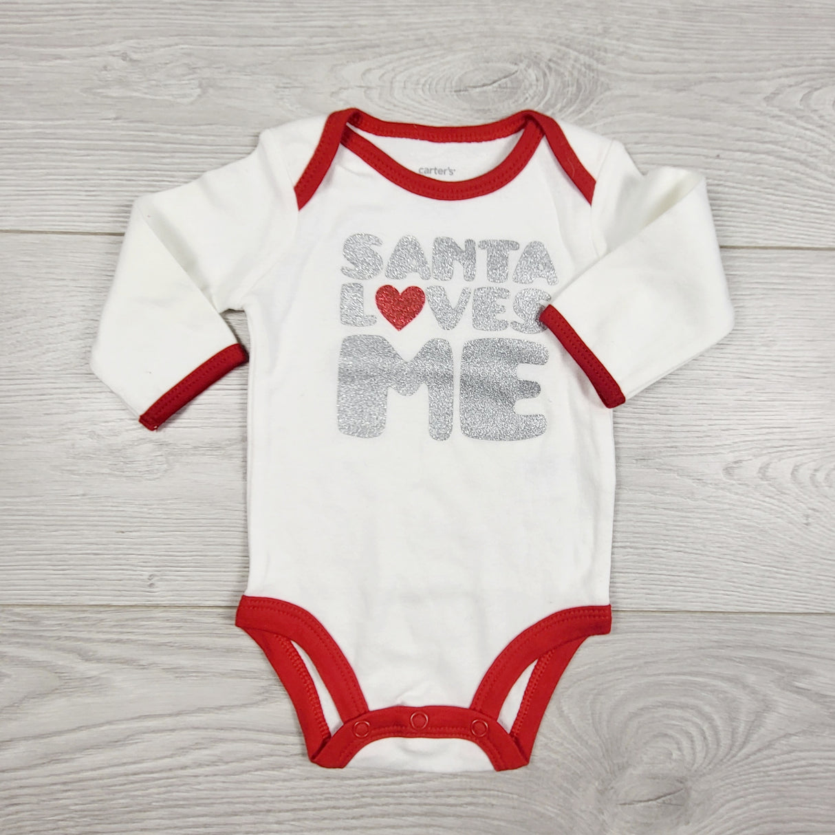 KAMG22 - Carters white glittery "Santa Loves Me" bodysuit. Newborn size