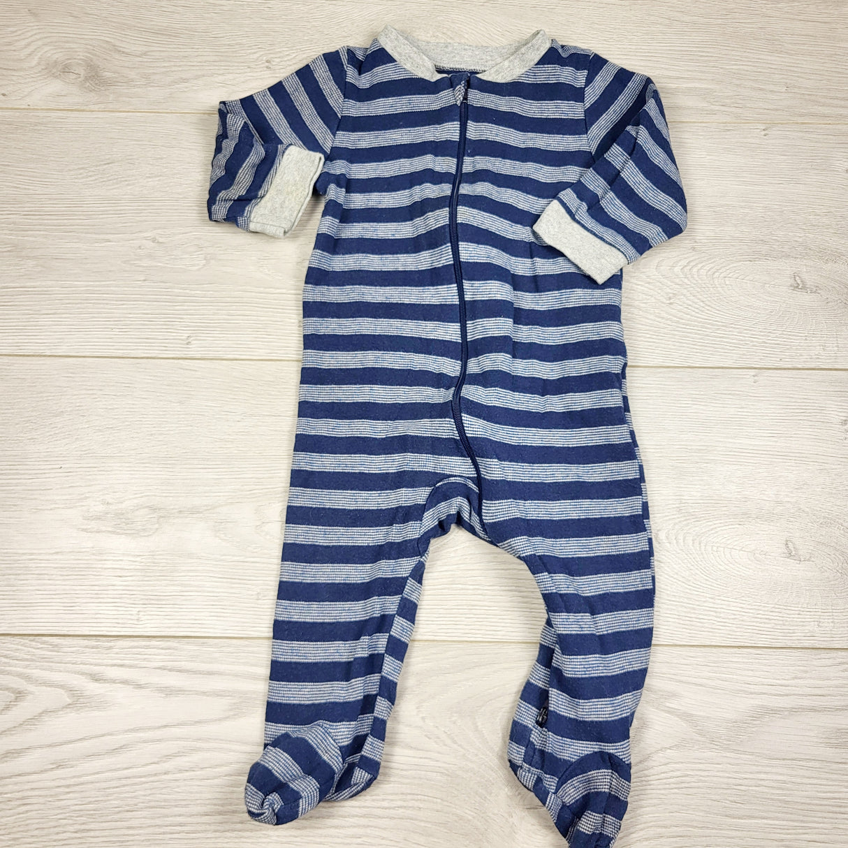 RXC2 - Blue and grey striped zippered cotton sleeper. Size 6-9 months