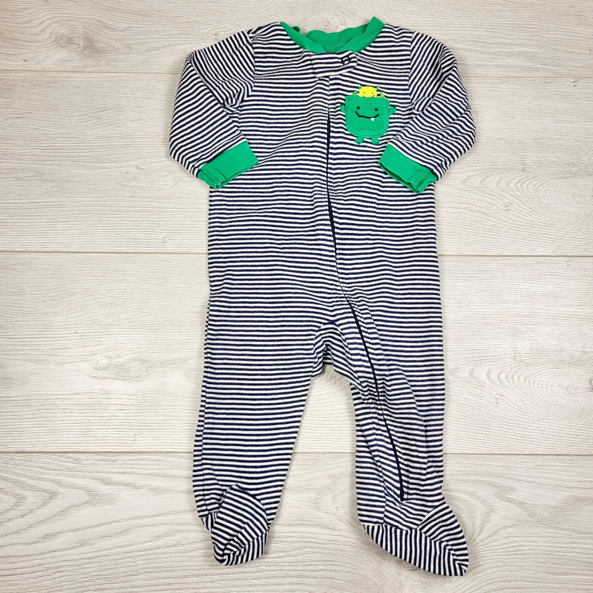 RXC2 - Child of Mine navy striped sleeper with monster. Size 3-6 months