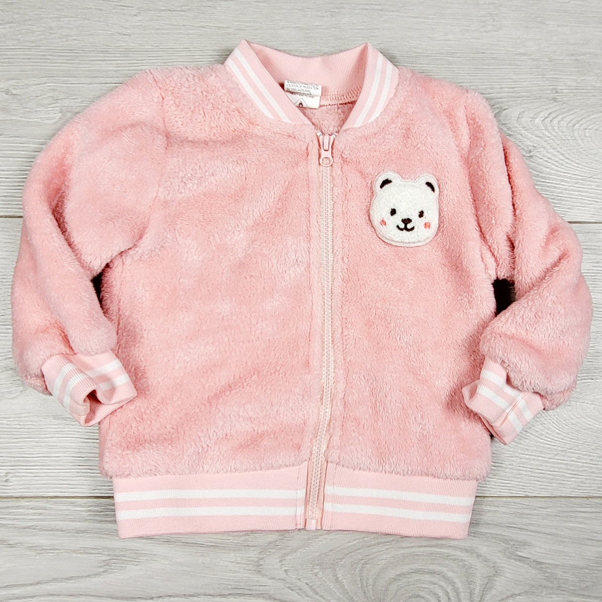 MWLL5 - Pink faux fur zip up coat with bear. Size 9-12 months