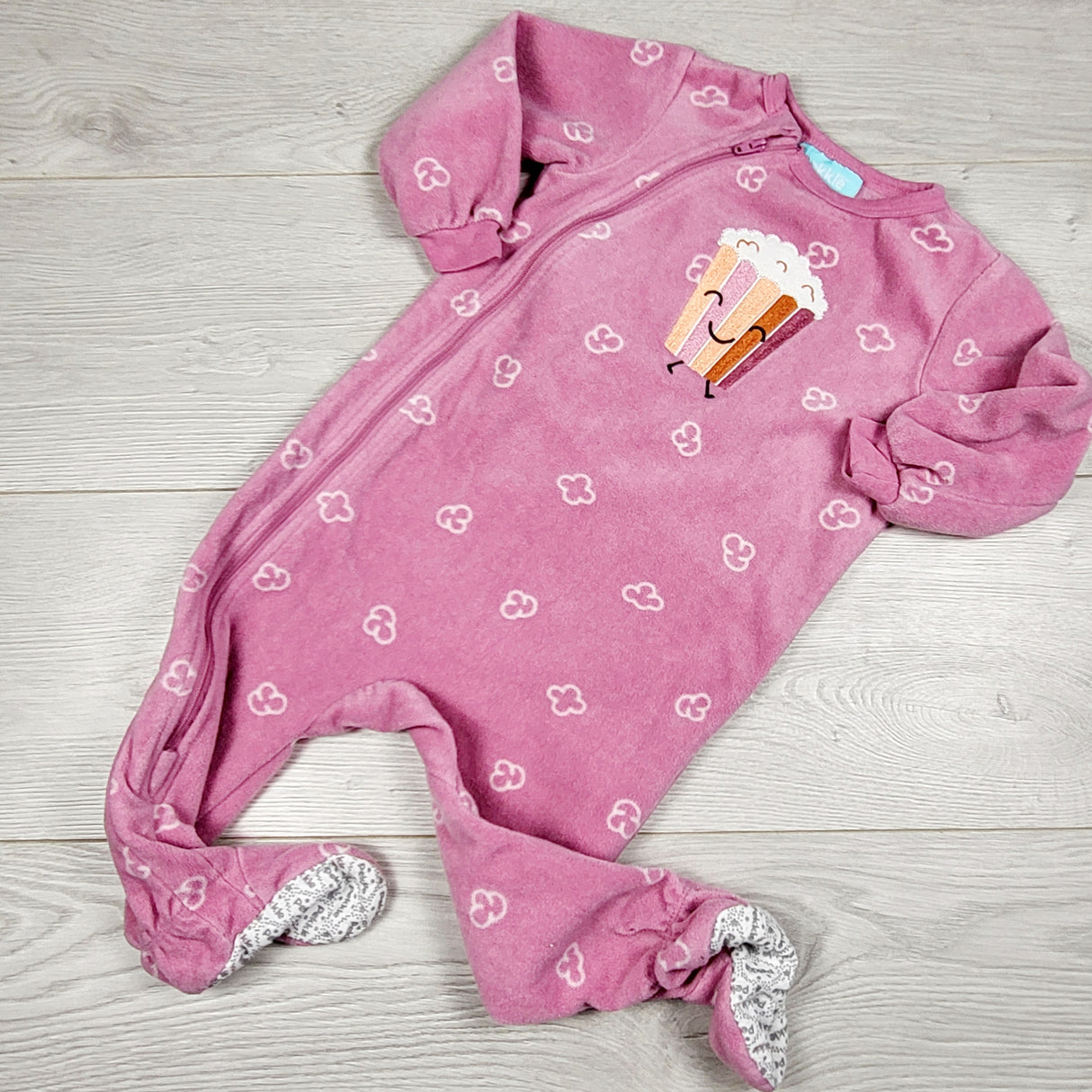 MWLL5 - Pekkle pink zippered fleece sleeper with popcorn. Size 12 months