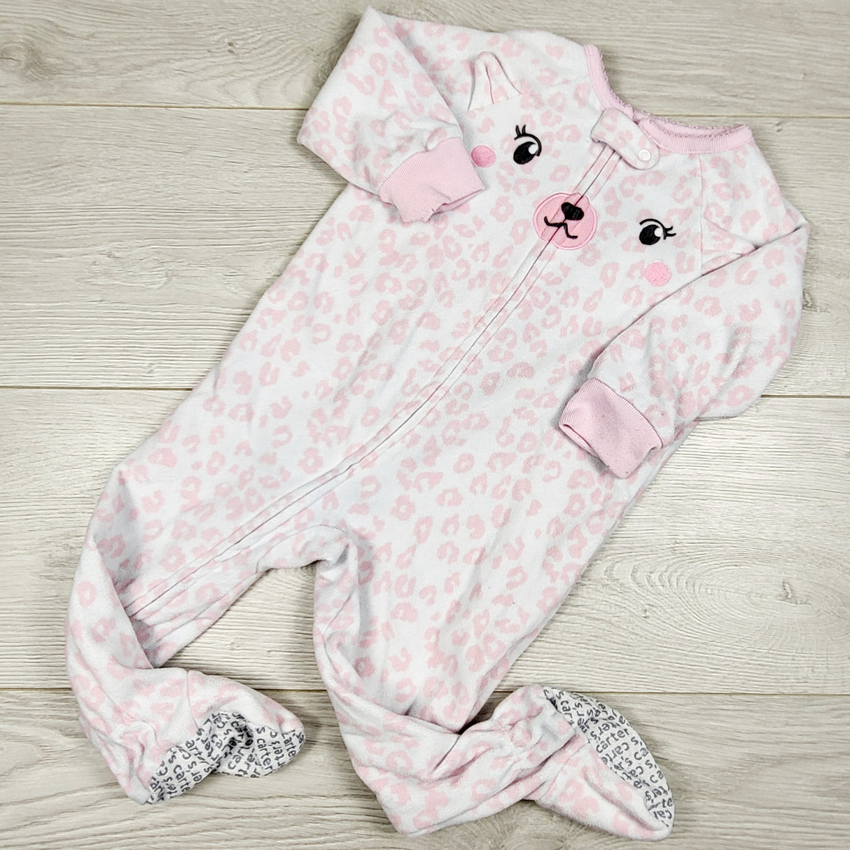 MWLL5 - Carters zippered leopard print fleece sleeper with bear. Size 12 months