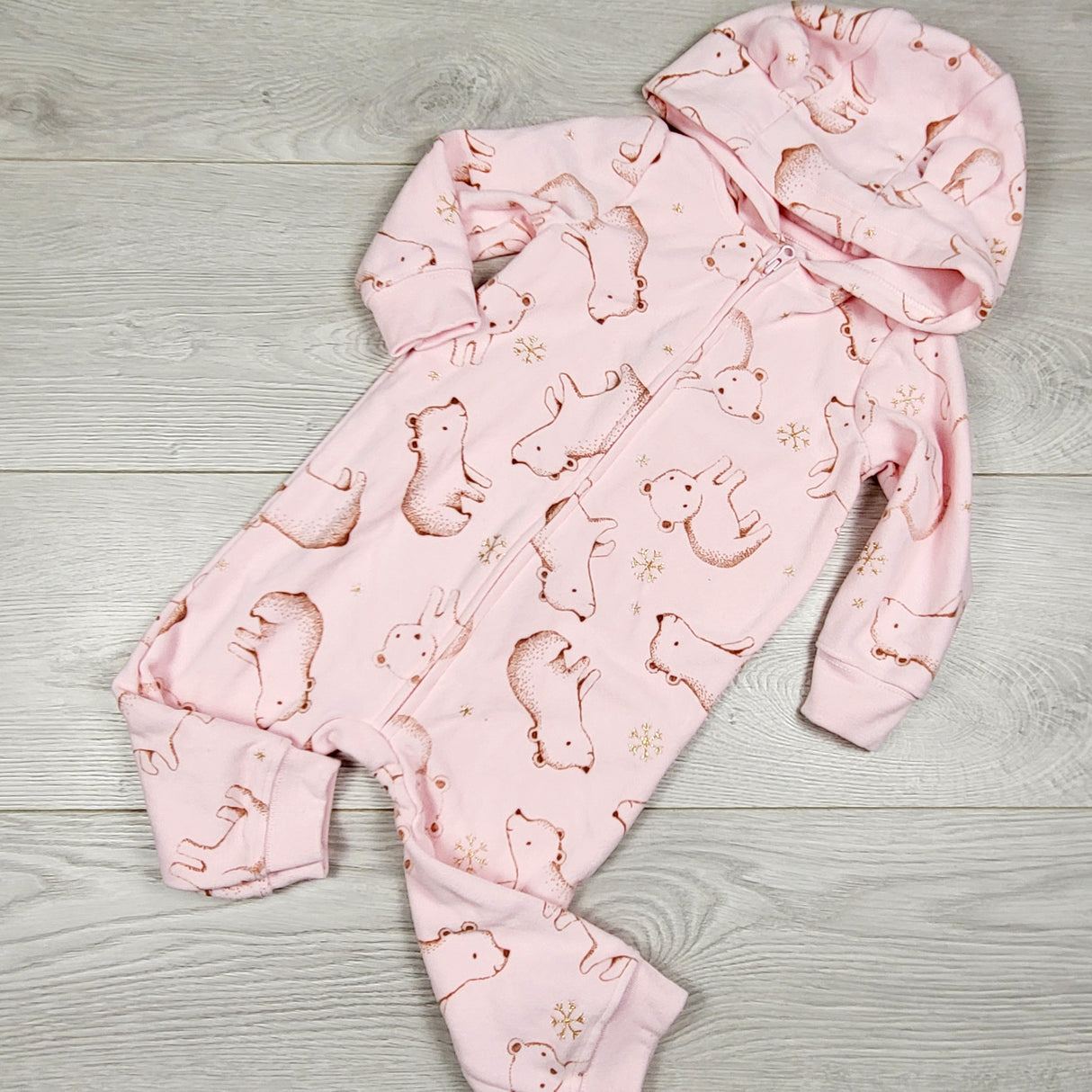 MWLL5 - Child of Mine pink hooded fleece bear romper. Size 12 months