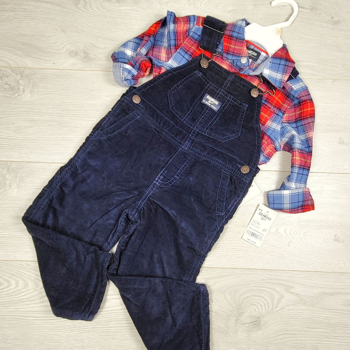 KAMG3 - NEW - Carters navy corduroy overalls with plaid shirt. Size 2T