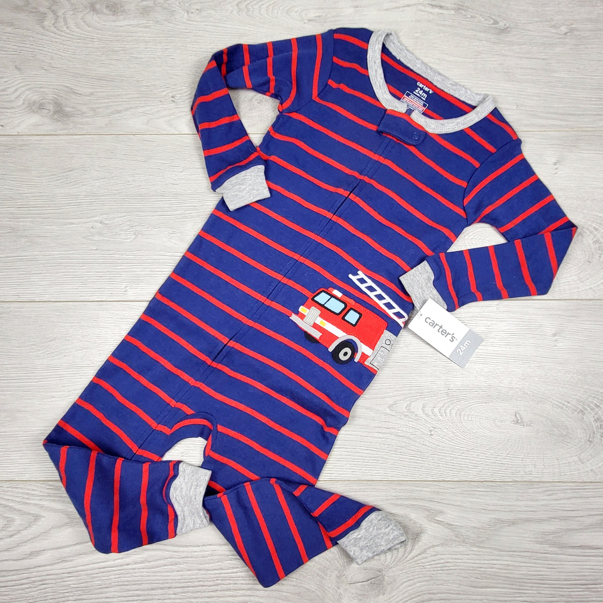 KAMG3 - NEW - Carters navy and red striped cotton sleeper with fire truck. Size 24 months
