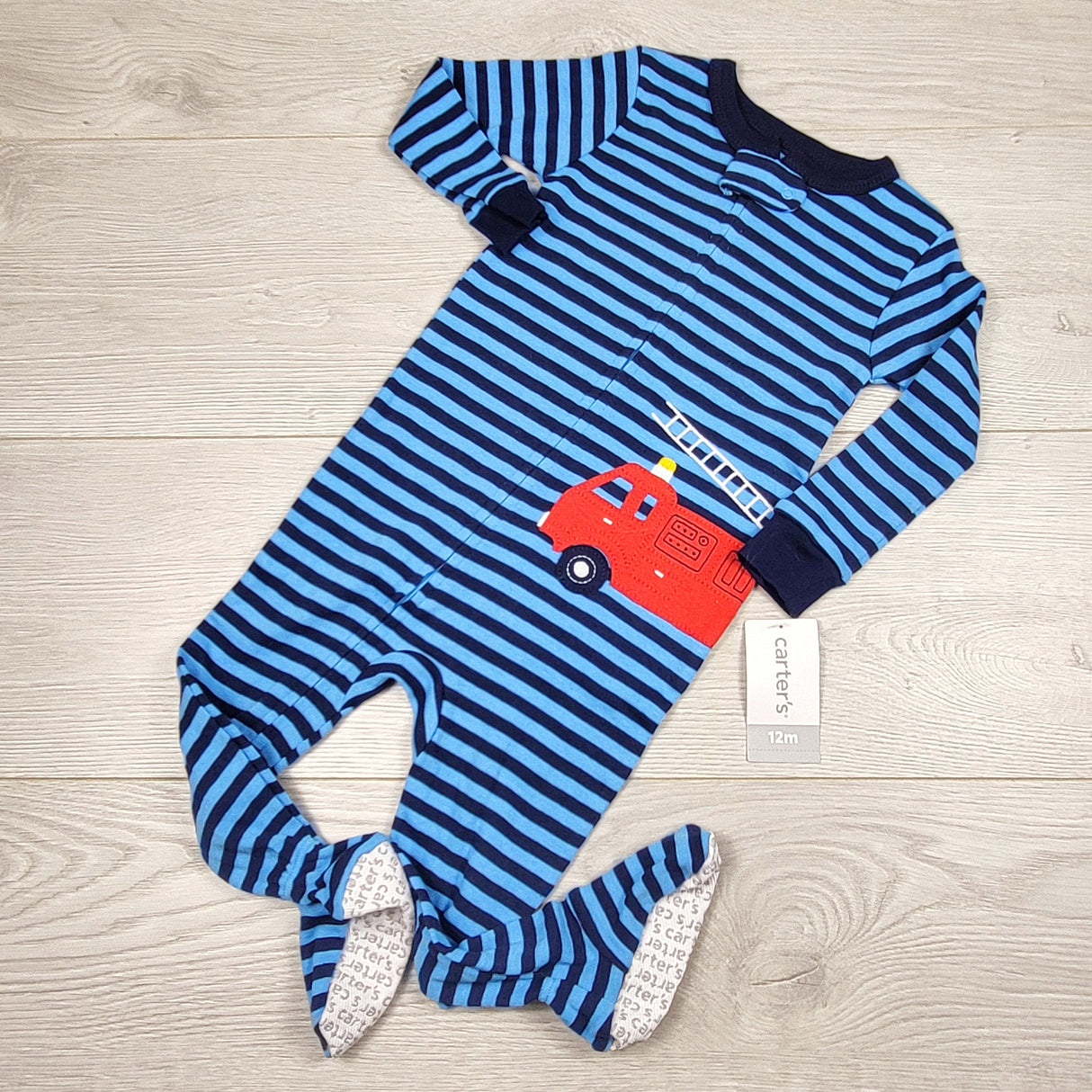 KAMG3 - NEW - Carters blue and navy striped cotton fire truck sleeper. Size 12 months