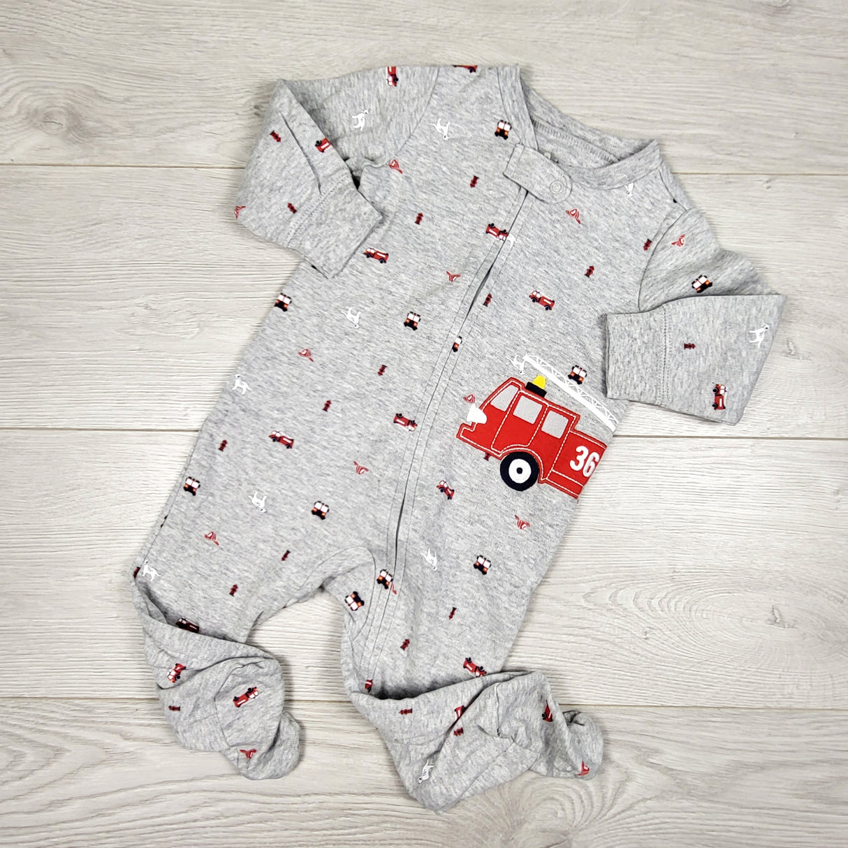 KAMG3 - Carters grey cotton sleeper with fire truck. Size 9 months