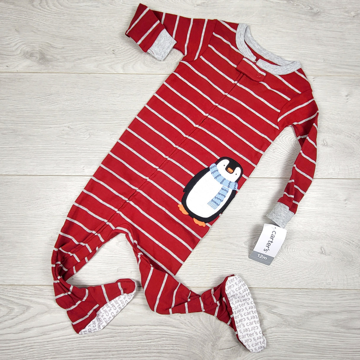 KAMG3 - NEW - Carters red striped zippered cotton penguin sleeper. Size 12 months