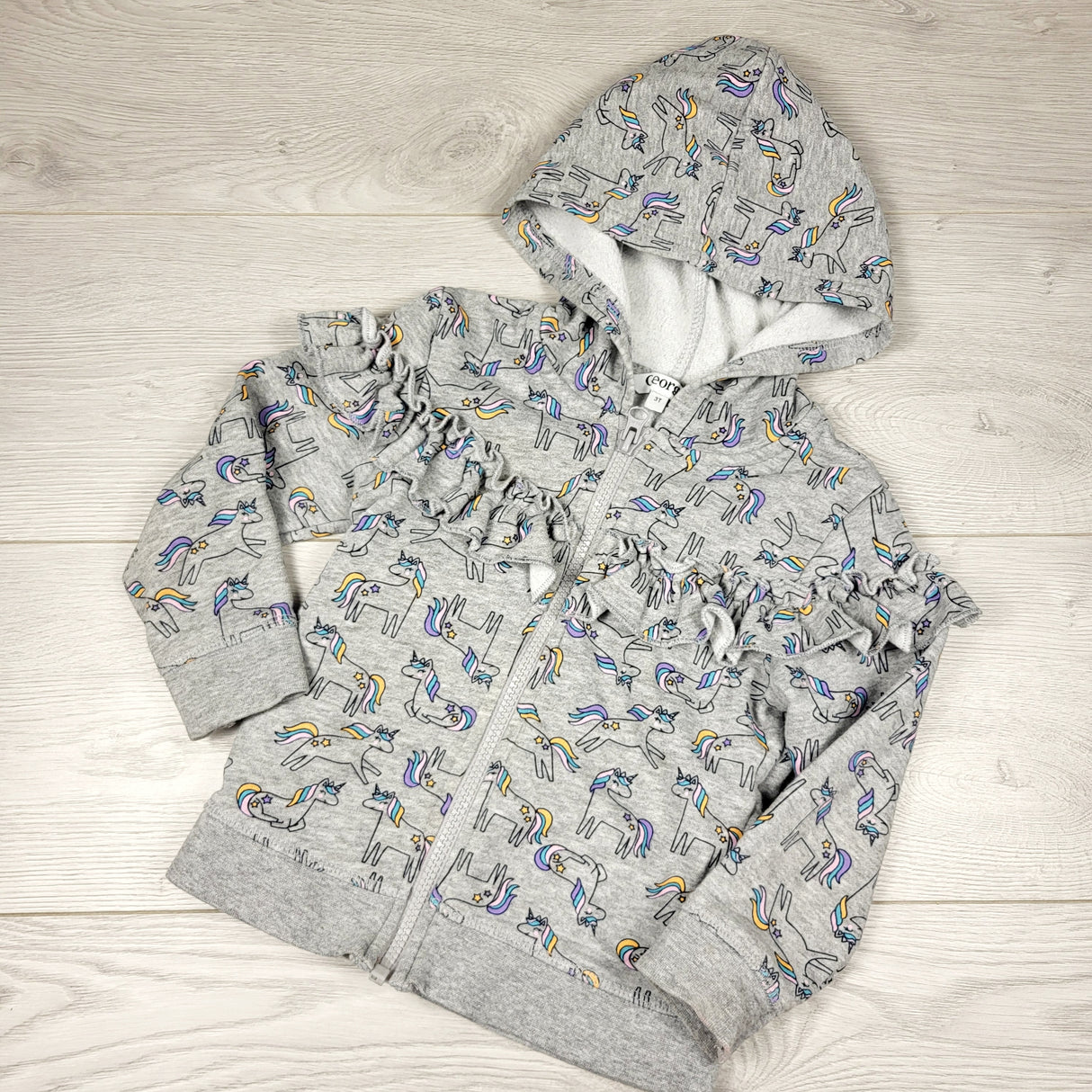 PBQ1 - George grey fleecy lined zip up unicorn hoodie. Size 3T