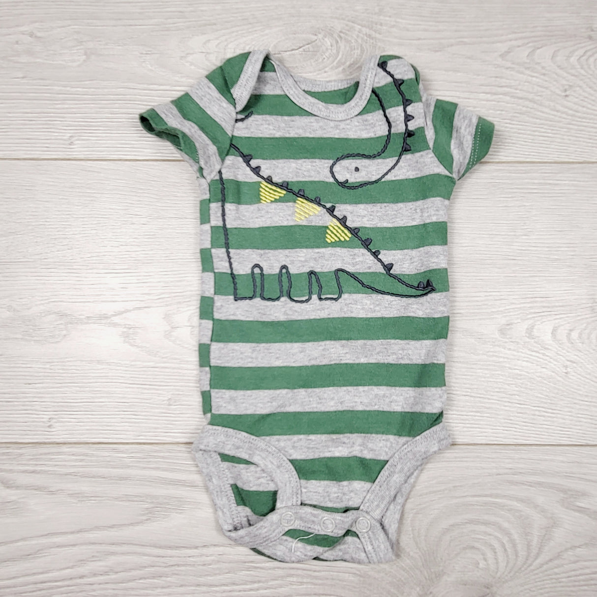 VIBU33 - Child of Mine grey and green striped dinosaur bodysuit. Newborn size