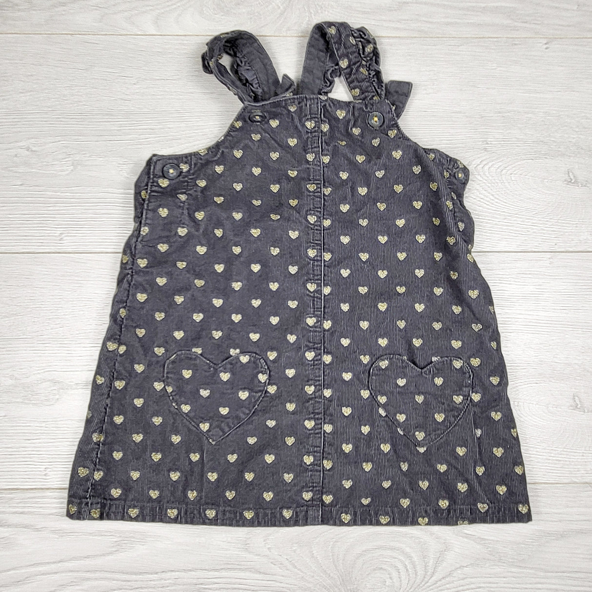 HKTT1 - Carters grey corduroy dress with gold sparkle hearts. Size 18 months