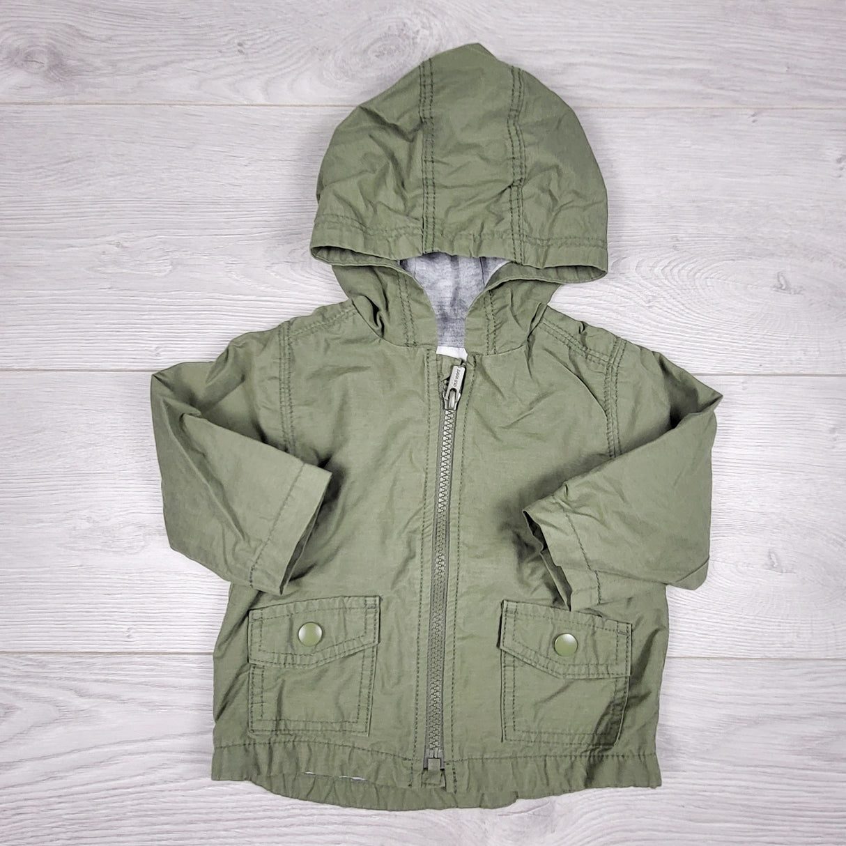 SKOT1 - Old Navy green jersey lined lightweight hooded jacket. Size 6-12 months