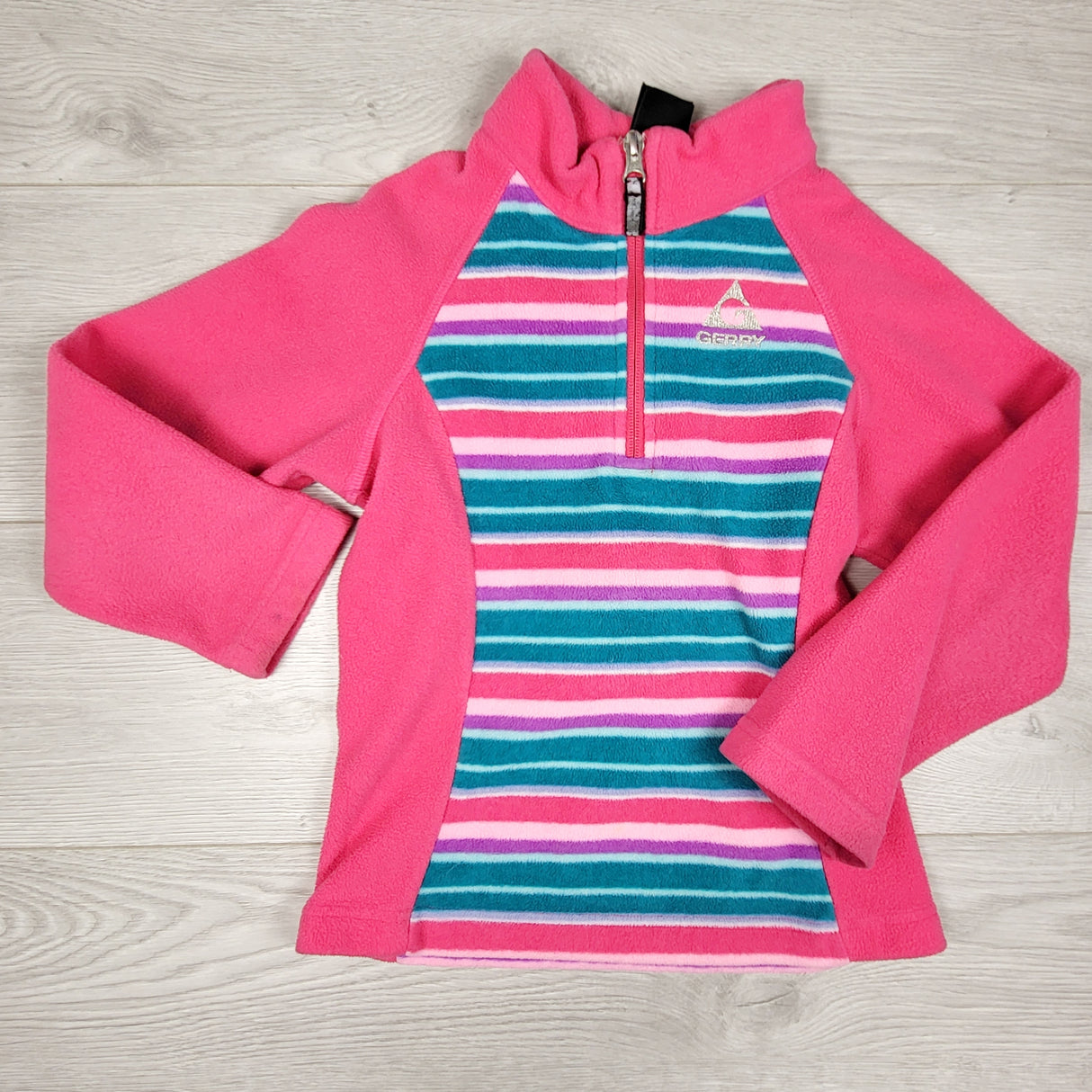 TBRG1 - Gerry pink and striped half zip fleece pullover. Size 5/6