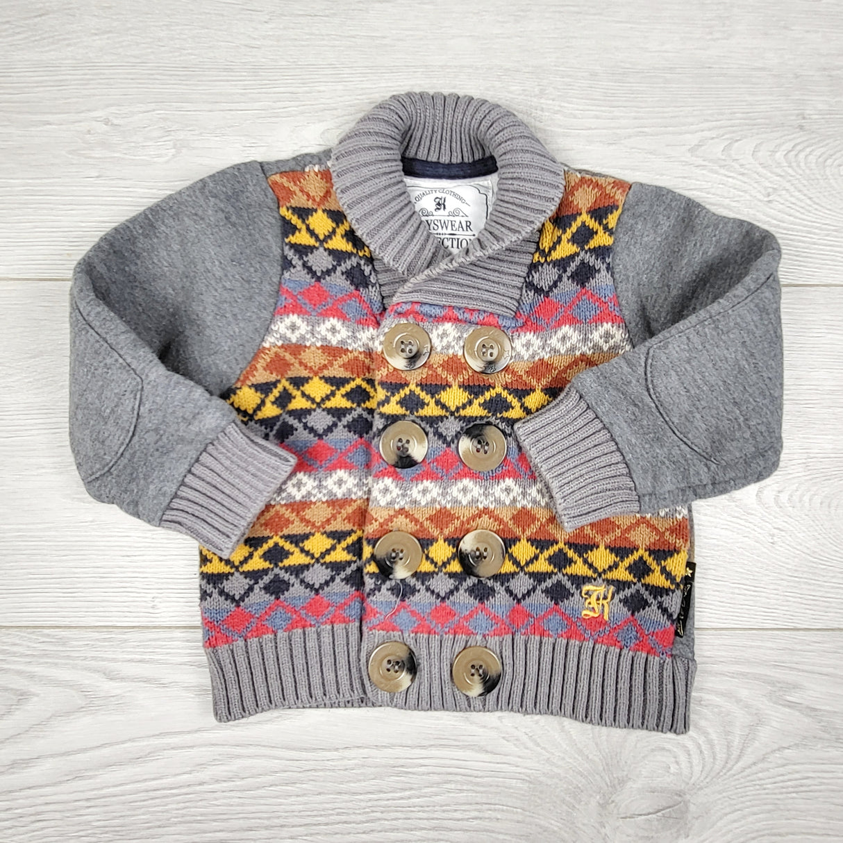 SKOT2 - Baby K grey patterned button down sweater. Size 9-12 months
