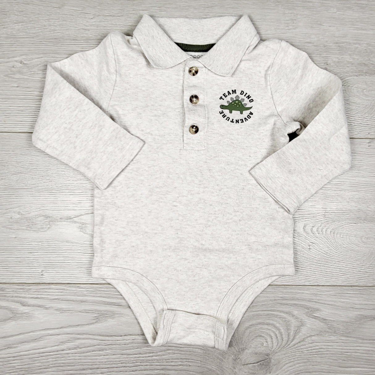 SKOT2 - Rococo grey collared bodysuit with dinosaur. Size 18 months