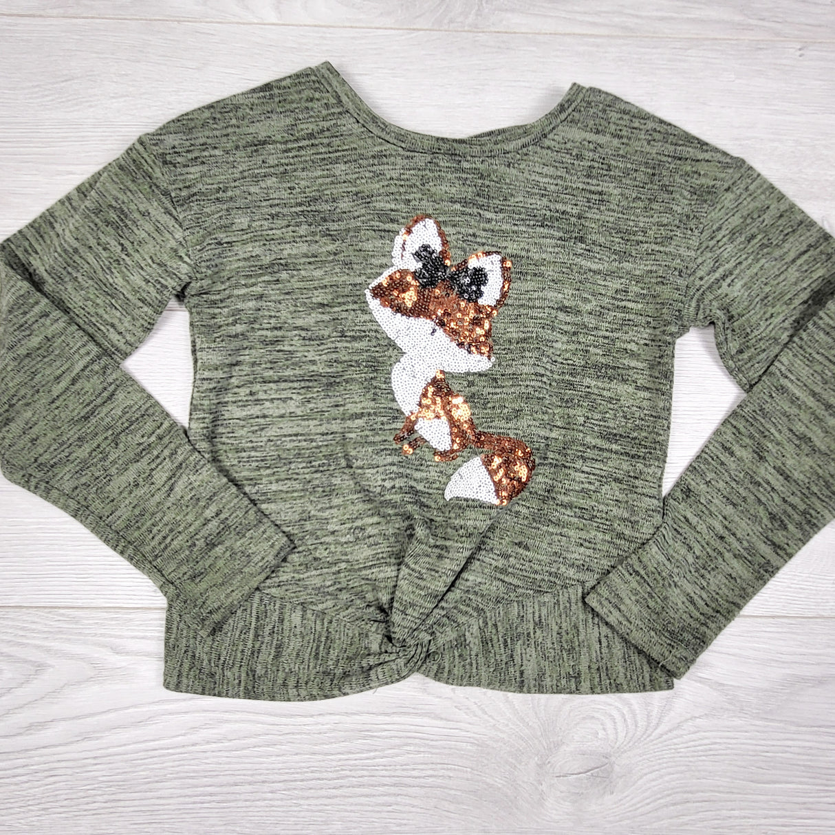 SKOT2 - Mid heathered green knit top with sequin fox. Size 5/6